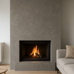 DEKOFAKTURA ADAM ŁABĘCKI - Minimalistyczny kominek z szarą, teksturowaną obudową, płomienie w palenisku, fragment sofy z poduszką i drewniana podłoga. Nowoczesne wykończenie wnętrza.