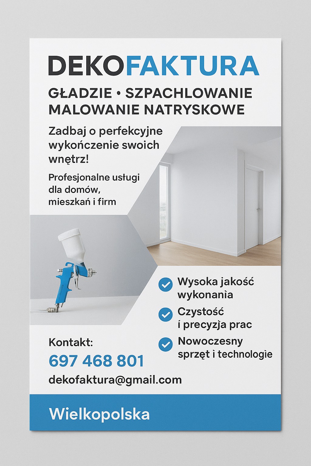 Grafika reklamowa: gładzie, szpachlowanie, malowanie natryskowe. Minimalistyczne wnętrze i pistolet natryskowy. Kontakt: 697 468 801, Wielkopolska.