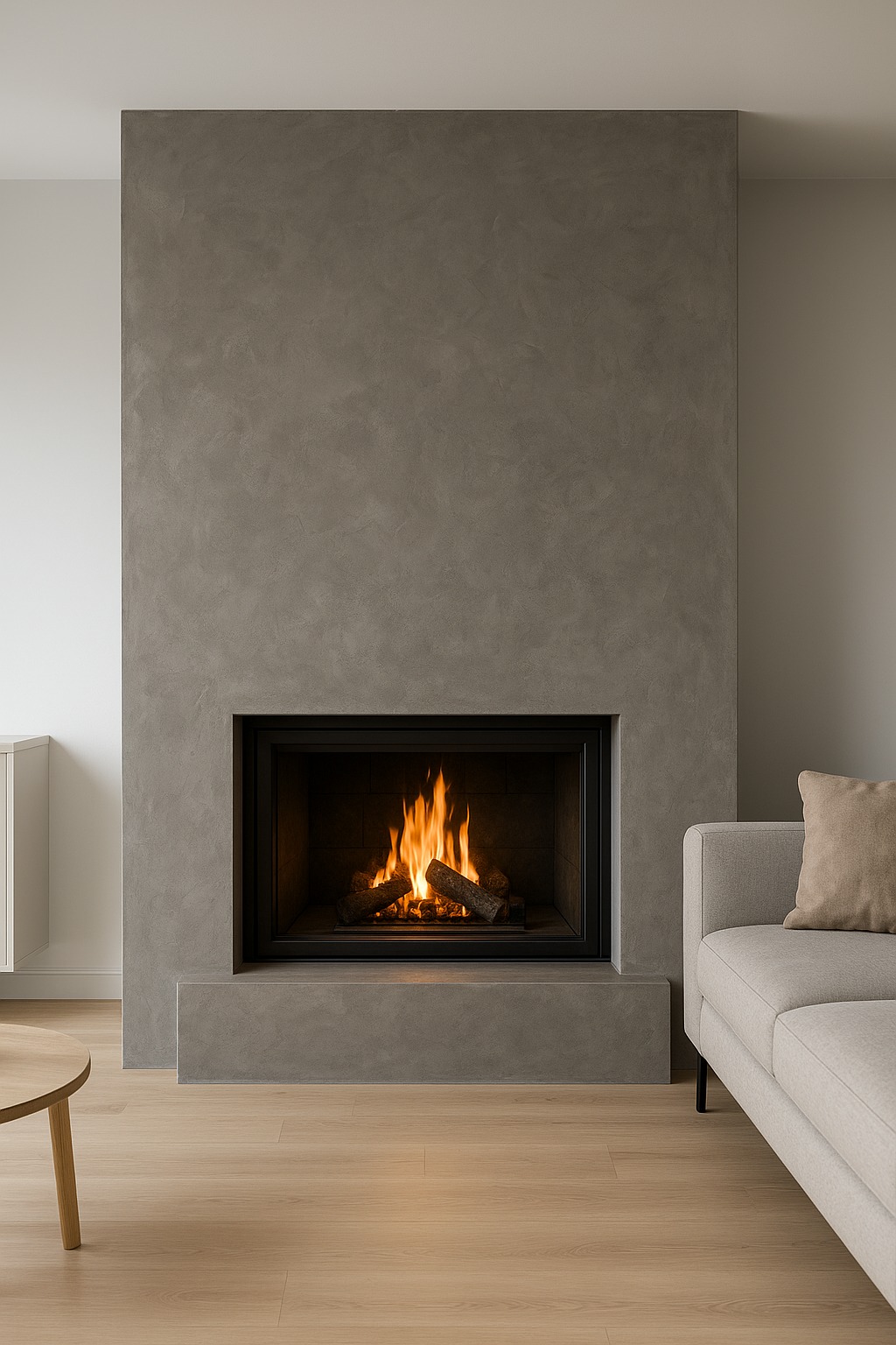 Minimalistyczny kominek z szarą, teksturowaną obudową, płomienie w palenisku, fragment sofy z poduszką i drewniana podłoga. Nowoczesne wykończenie wnętrza.