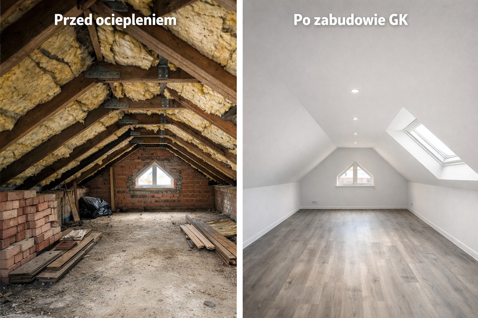 Adaptacja poddasza: widok przed ociepleniem z surową konstrukcją i po zabudowie płytami GK, z nową podłogą i oświetleniem. Ukazane w formacie 'przed i po'.