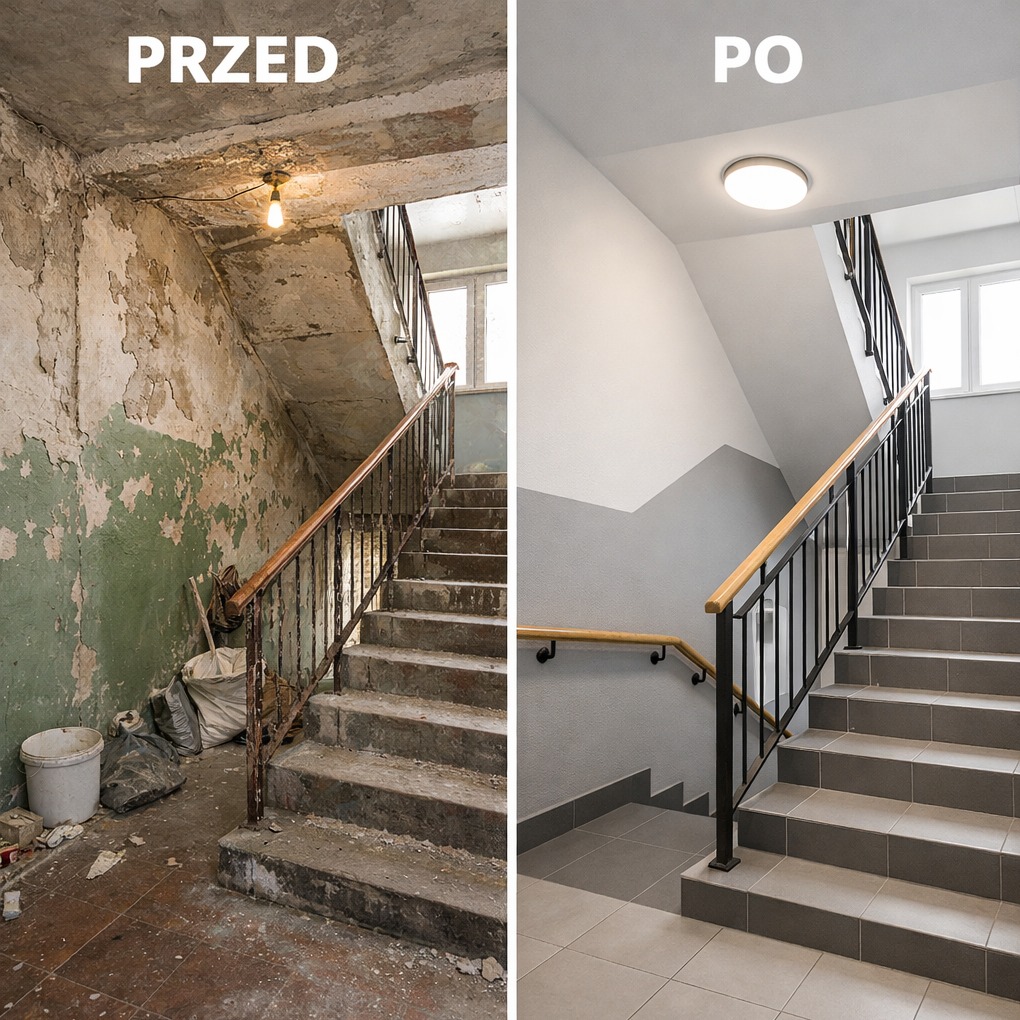 Klatka schodowa przed i po renowacji: zniszczone ściany i podłoga kontra odnowione, pomalowane ściany, nowe płytki i oświetlenie. Widoczne schody i balustrady.
