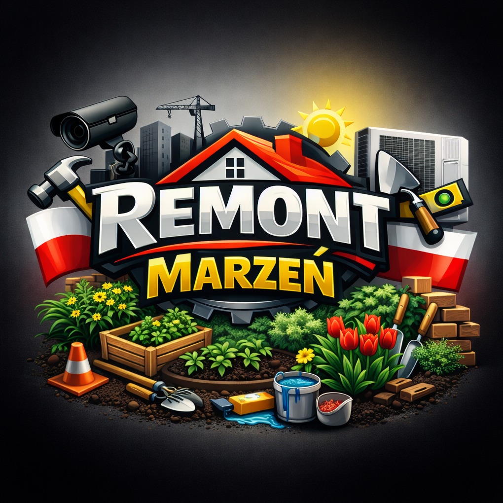 Grafika 'Remont Marzeń' z narzędziami, roślinami i elementami budowlanymi na ciemnym tle. Widoczne detale: kamera, klimatyzator, cegły, kwiaty, wiadro z farbą.