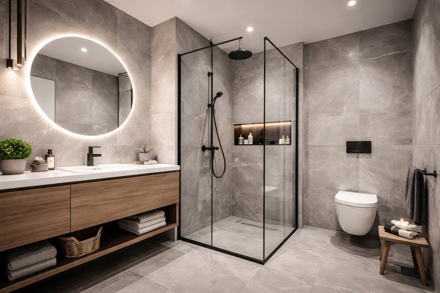 Nowoczesna łazienka z szarymi płytkami imitującymi marmur, kabiną prysznicową typu walk-in z czarnymi ramami i okrągłym lustrem z podświetleniem LED.