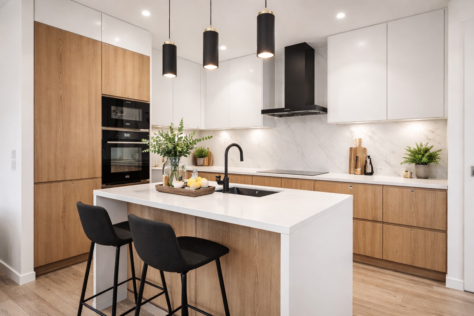 Nowoczesna kuchnia z wyspą: białe szafki górne, drewnopodobne dolne, czarne lampy wiszące i armatura. Marmurowy backsplash i drewniana podłoga.