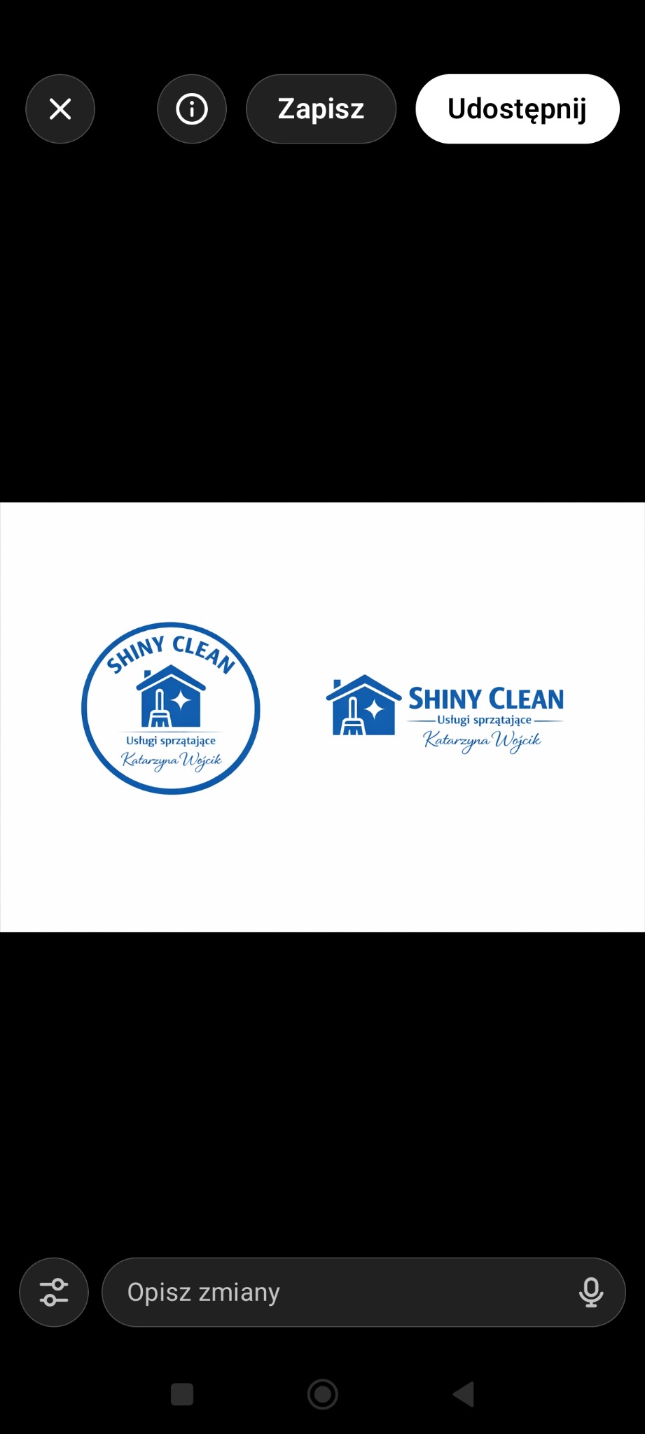 Logo firmy sprzątającej Shiny Clean z motywem domu i szczotki. Dwa warianty logo: okrągły i prostokątny, oba w odcieniach niebieskiego. Usługi sprzątające Katarzyna Wójcik.