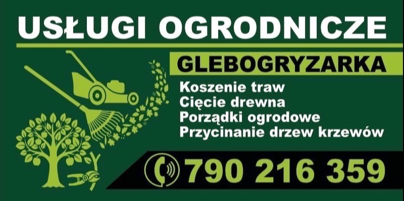 Grafika reklamowa usług ogrodniczych: koszenie trawy, cięcie drewna, porządki ogrodowe, przycinanie drzew i krzewów. Kontakt telefoniczny.