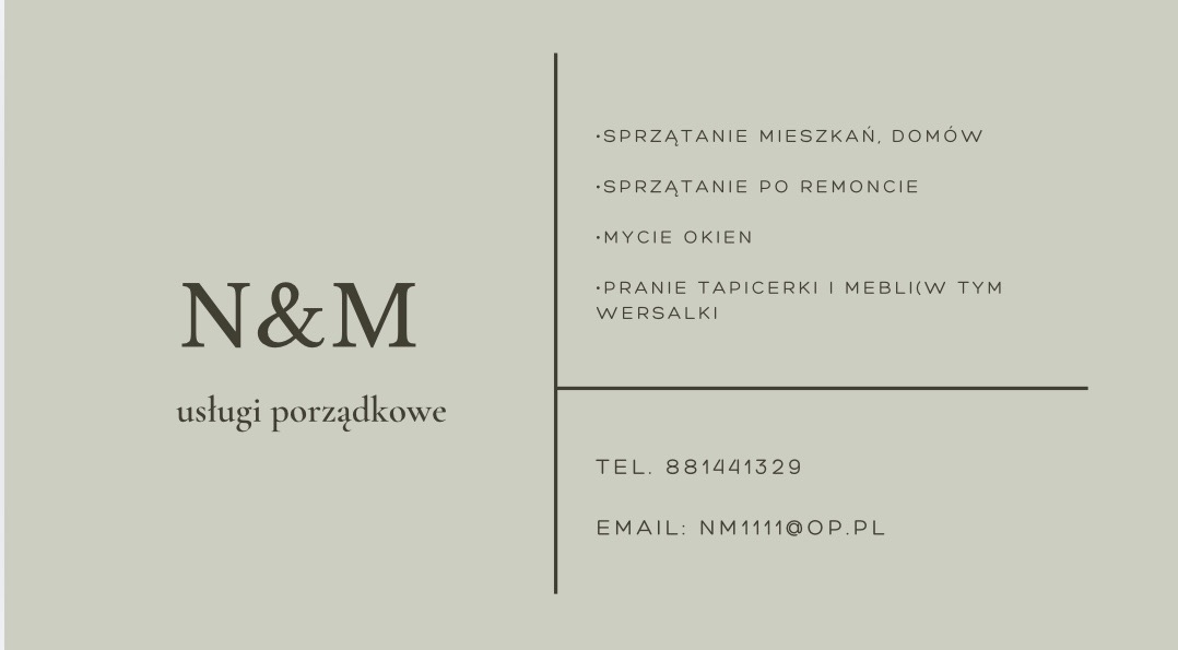 Minimalistyczna wizytówka firmy N&M oferującej usługi porządkowe: sprzątanie mieszkań, po remoncie, mycie okien i pranie tapicerki. Kontakt: telefon i email.