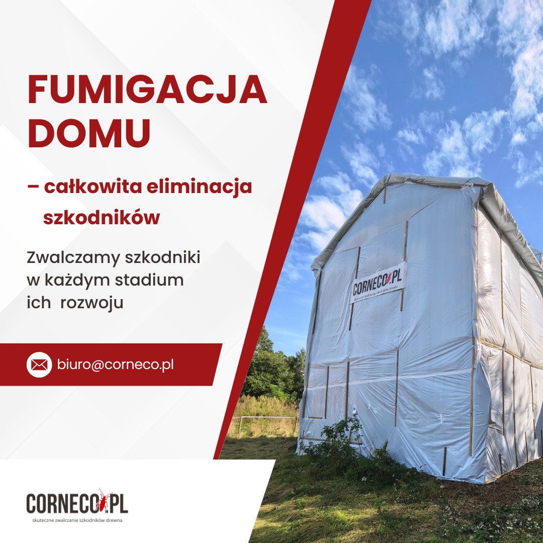 Fumigacja domu: budynek owinięty folią ochronną, z widocznym logo firmy Corneco.pl. Grafika informuje o całkowitej eliminacji szkodników drewna.