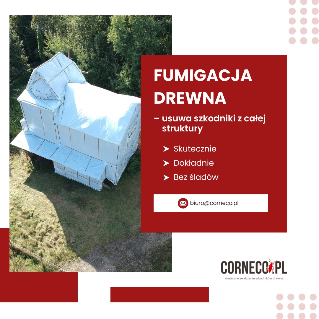 Fumigacja drewnianego domu, owiniętego białą folią ochronną. Grafika reklamowa z hasłem: Fumigacja drewna - usuwa szkodniki z całej struktury. Corneco.pl