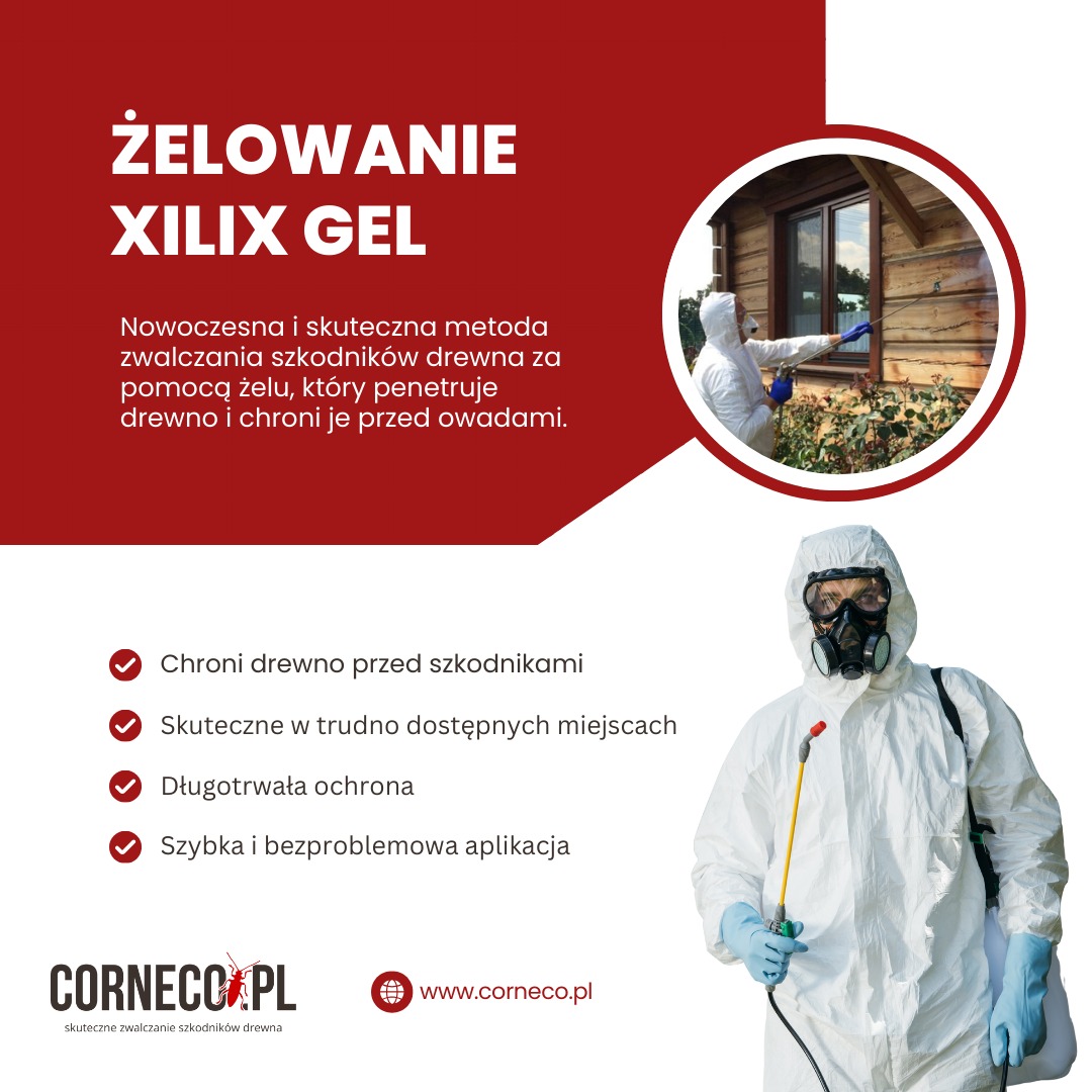 Dezynsekcja drewna metodą żelowania Xilix Gel. Pracownik w kombinezonie ochronnym aplikuje preparat na drewnianą konstrukcję. Logo firmy Corneco.pl.