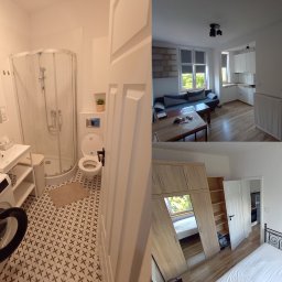 KrawBud usługi remontowo-budowlane Mikołaj Krawczyk - Kompaktowe mieszkanie po remoncie: łazienka z kabiną prysznicową, salon z sofą i kuchnią, sypialnia z łóżkiem i szafą. Nowoczesne wykończenie, jasne kolory, funkcjonalne rozwiązania.