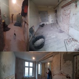 KrawBud usługi remontowo-budowlane Mikołaj Krawczyk - Trzy kadry z remontu mieszkania: montaż płyty G-K, przygotowanie zaprawy, instalacja elektryczna. Widoczne narzędzia i materiały budowlane, ściany w trakcie prac.