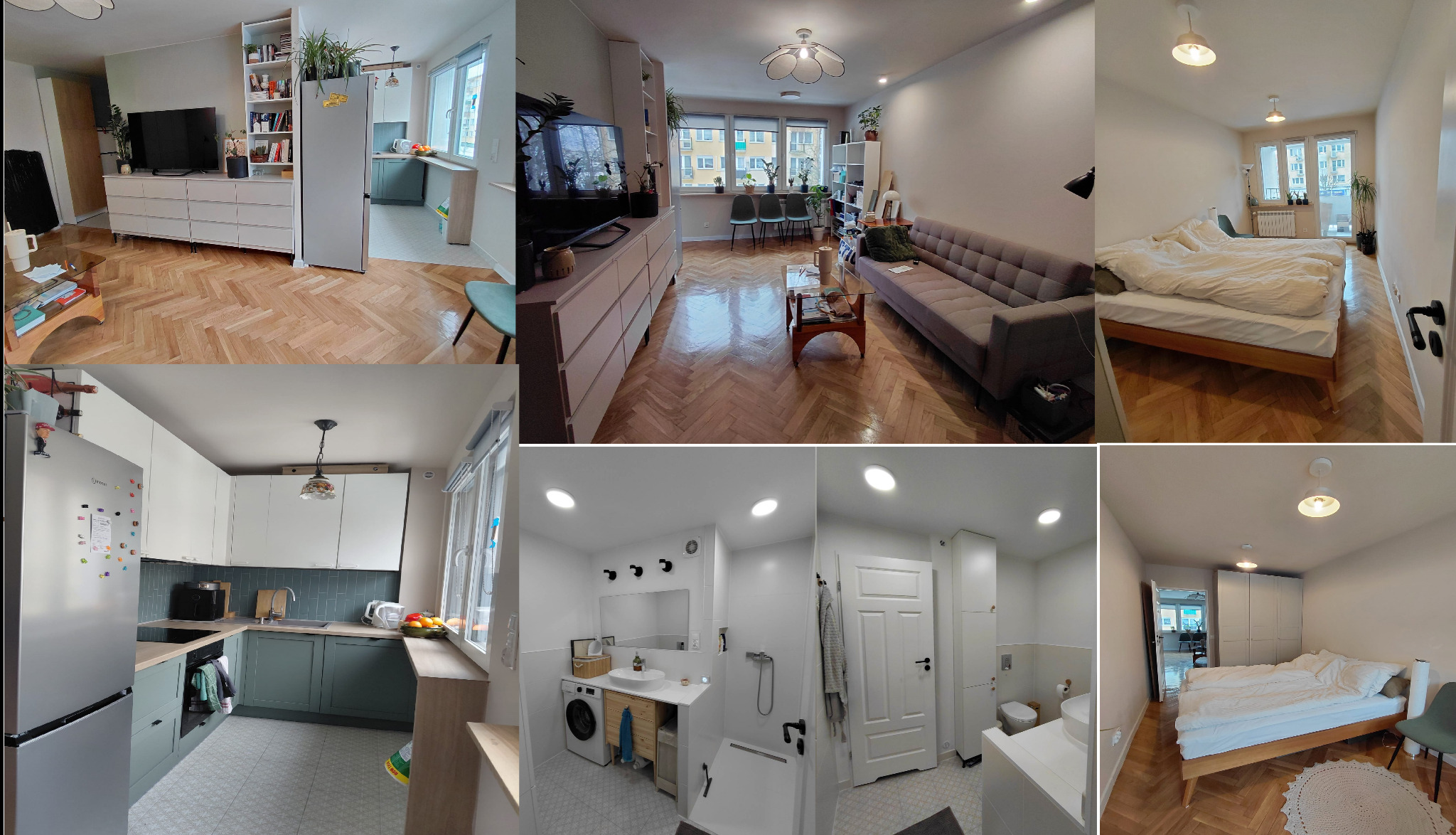 Kompozycja wnętrz: salon z sofą, sypialnia z łóżkiem, kuchnia z zabudową i łazienka z pralką. Parkiet w jodełkę, jasne ściany, nowoczesny styl.