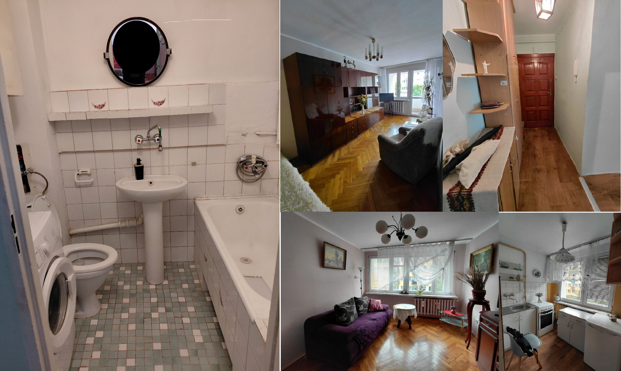 Kolaż wnętrz: łazienka z pralką, salon z parkietem i meblami, korytarz z szafą, pokój z fioletową sofą i kuchnia z oknem. Różne style i aranżacje.