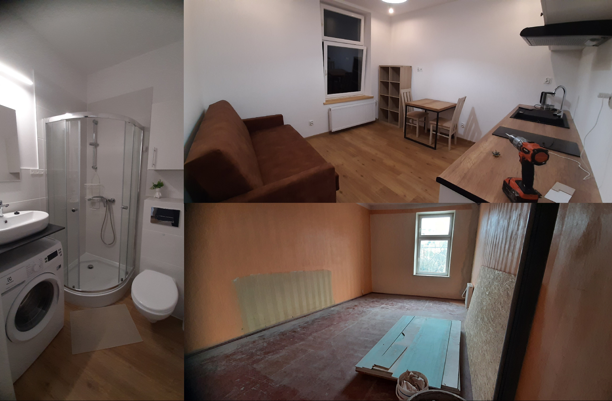 Kolaż: łazienka z kabiną, salon z sofą i jadalnią, pokój przed remontem z materiałami budowlanymi. Prezentacja zakresu prac wykończeniowych.