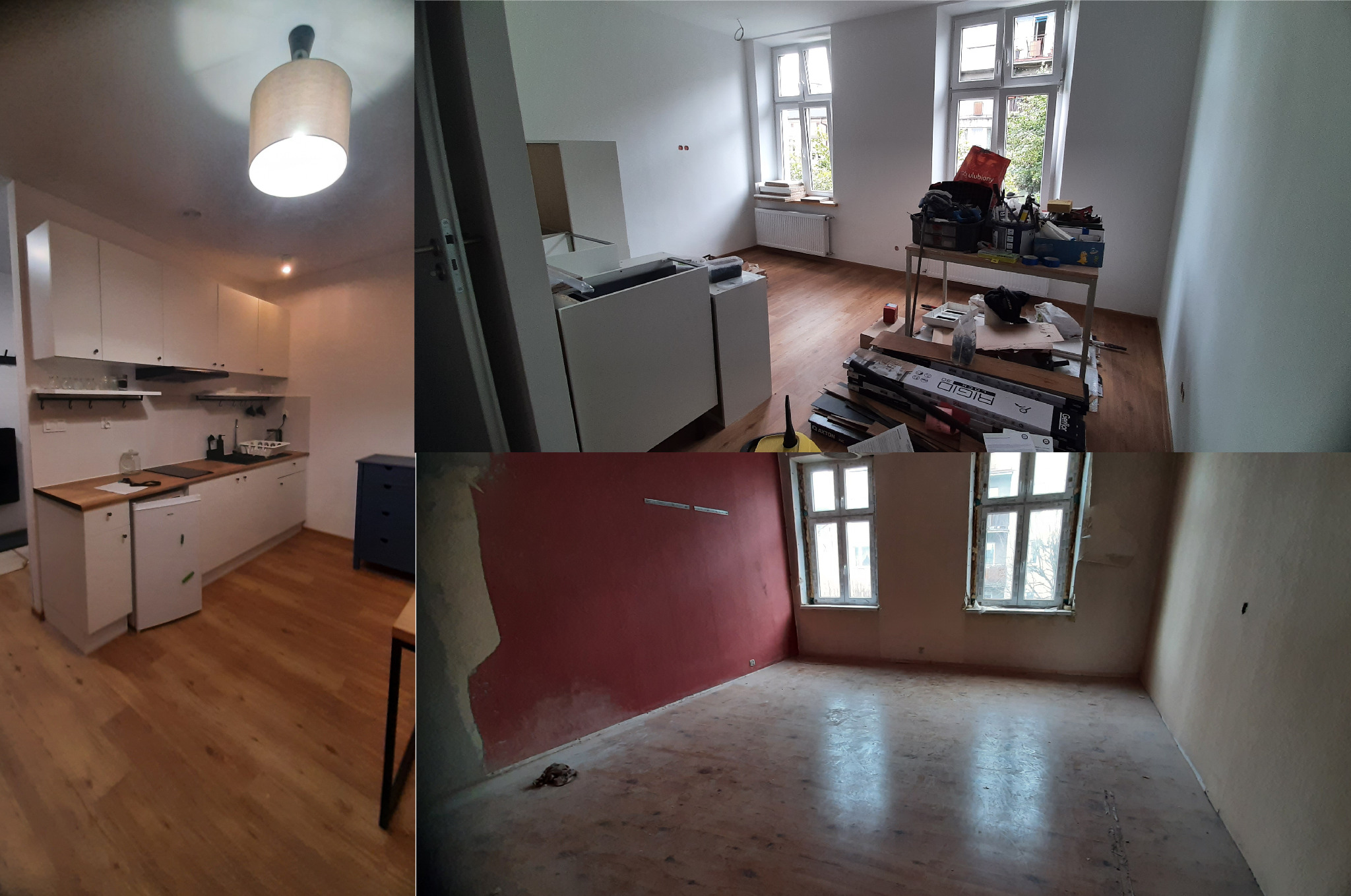 Kolaż zdjęć z remontu mieszkania: kuchnia po montażu, pokój z oknami przed malowaniem i pokój z częściowo pomalowaną ścianą na czerwono.