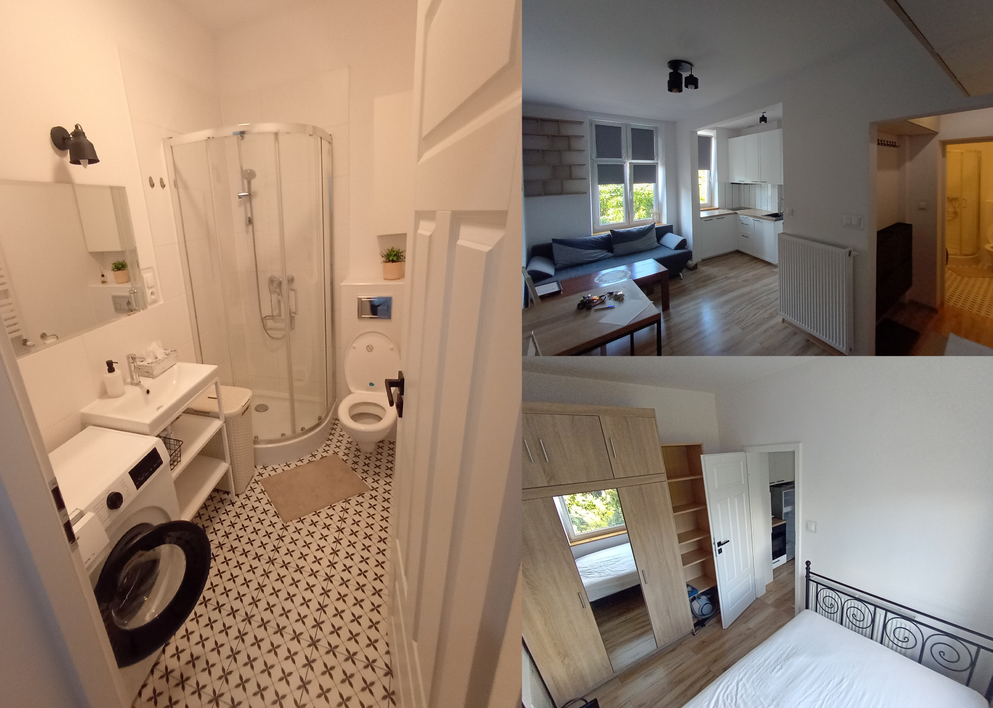 Kompaktowe mieszkanie po remoncie: łazienka z kabiną prysznicową, salon z sofą i kuchnią, sypialnia z łóżkiem i szafą. Nowoczesne wykończenie, jasne kolory, funkcjonalne rozwiązania.