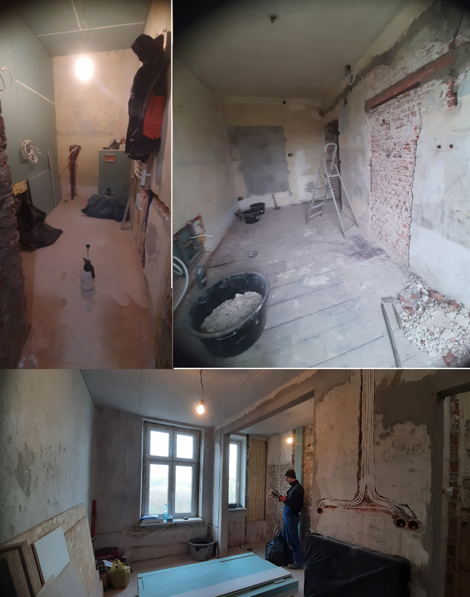 Trzy kadry z remontu mieszkania: montaż płyty G-K, przygotowanie zaprawy, instalacja elektryczna. Widoczne narzędzia i materiały budowlane, ściany w trakcie prac.