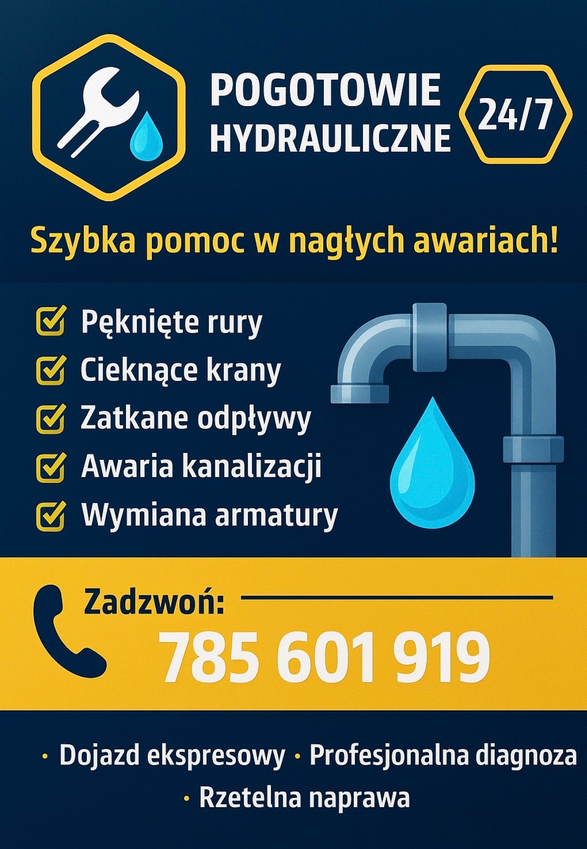 Grafika reklamowa pogotowia hydraulicznego 24/7 z ofertą szybkiej pomocy w nagłych awariach, wykazem usług i numerem telefonu. Żółto-niebieska kolorystyka.