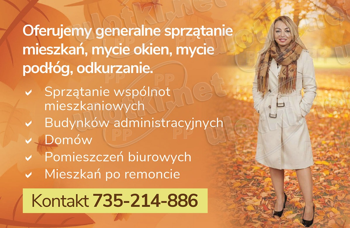 Pomarańczowa reklama usług sprzątania: mieszkań, biur, po remoncie. Kobieta w płaszczu na tle jesiennych liści. Kontakt: 735-214-886.