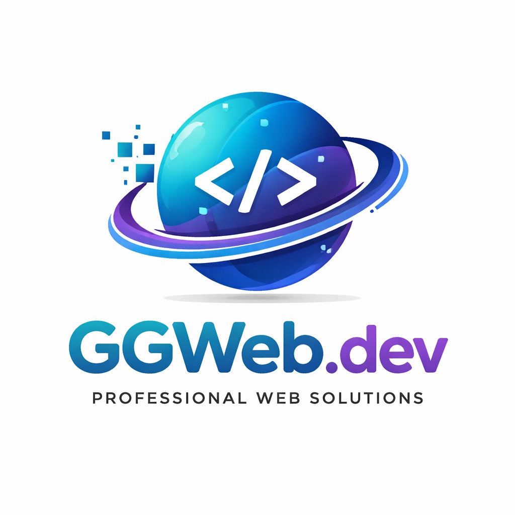 Logo GGWeb.dev: stylizowana planeta z symbolem kodu HTML, otoczona pierścieniem. Napis 'Professional Web Solutions' pod nazwą firmy.