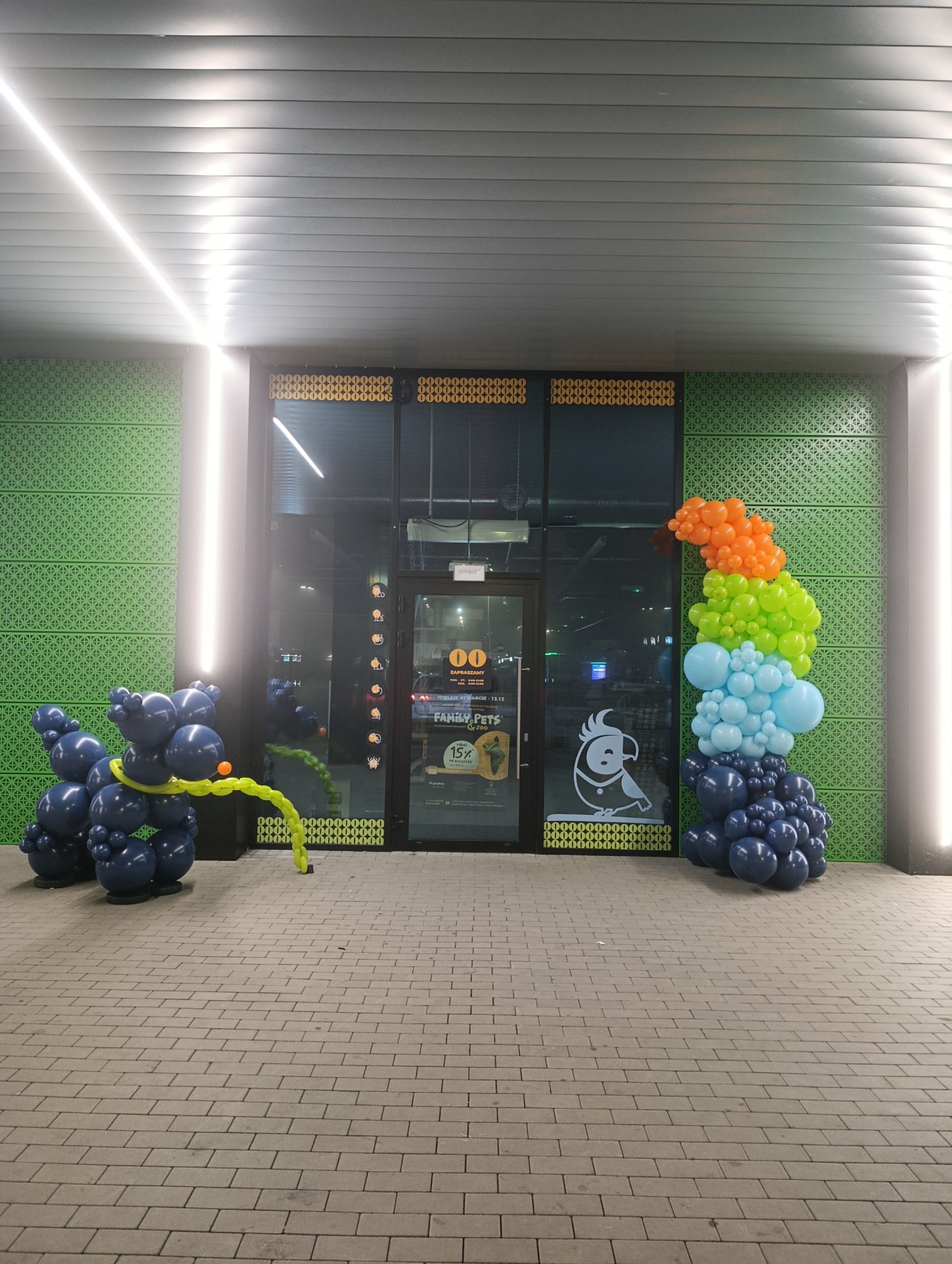 Dekoracja balonowa przed wejściem do sklepu zoologicznego Family Pets z okazji otwarcia. Balony w kształcie zwierząt i tęczy. Zielona ściana z wzorem.