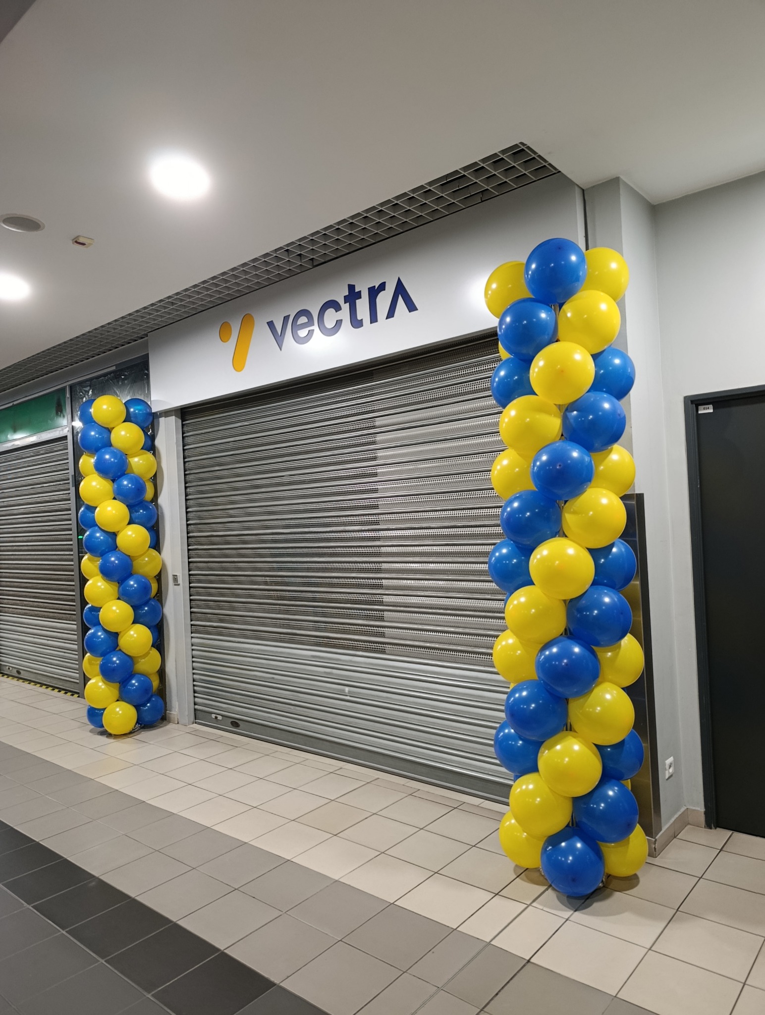 Dekoracja balonowa w kolorach niebieskim i żółtym, ustawiona po obu stronach zamkniętej metalowej rolety z logo Vectra. Dekoracja wewnątrz budynku.