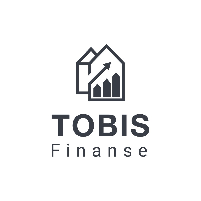 Logo firmy Tobis Finanse: grafika domu z rosnącym wykresem słupkowym i strzałką w górę, pod nim nazwa firmy. Minimalistyczny design w odcieniach szarości.