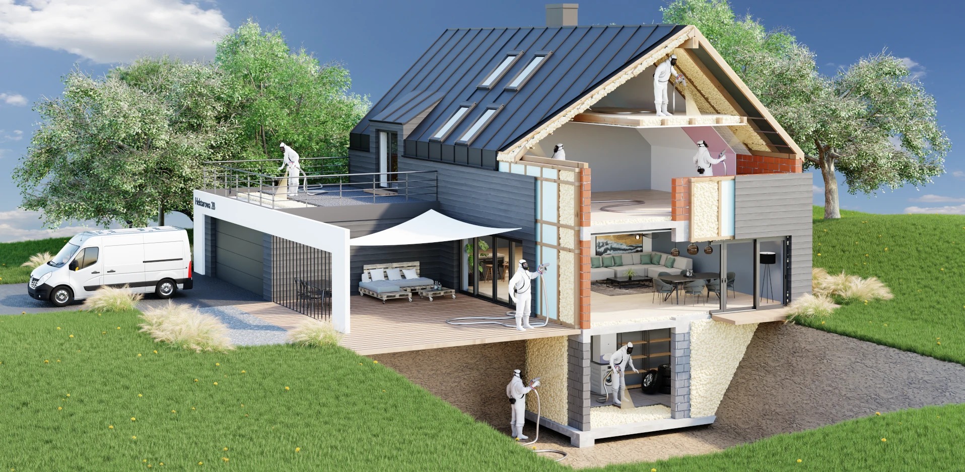 Przekrój 3D domu w trakcie izolacji pianką PUR: fundamenty, ściany, poddasze. Widoczni pracownicy w kombinezonach ochronnych. Nowoczesna architektura, jasne wnętrza.