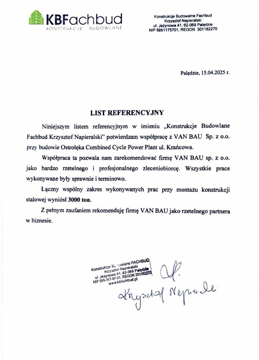 List referencyjny od Konstrukcje Budowlane Fachbud dla VAN BAU Sp. z o.o. za montaż konstrukcji stalowej o wadze 3000 ton przy budowie elektrowni Ostrołęka.
