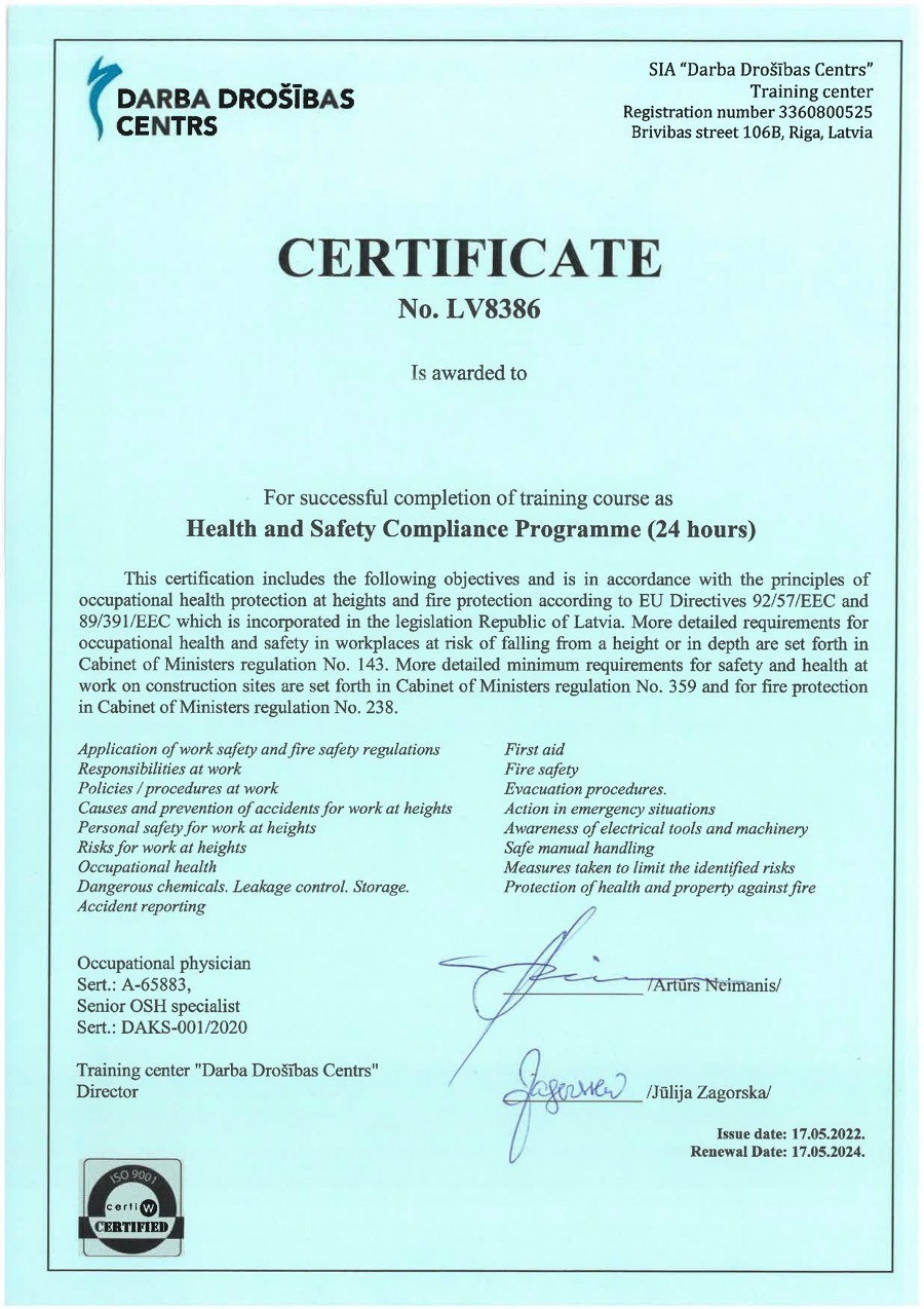 Certyfikat ukończenia kursu BHP (Health and Safety Compliance Programme) z datą ważności do 17.05.2024, wydany przez Darba Drošības Centrs w Rydze.