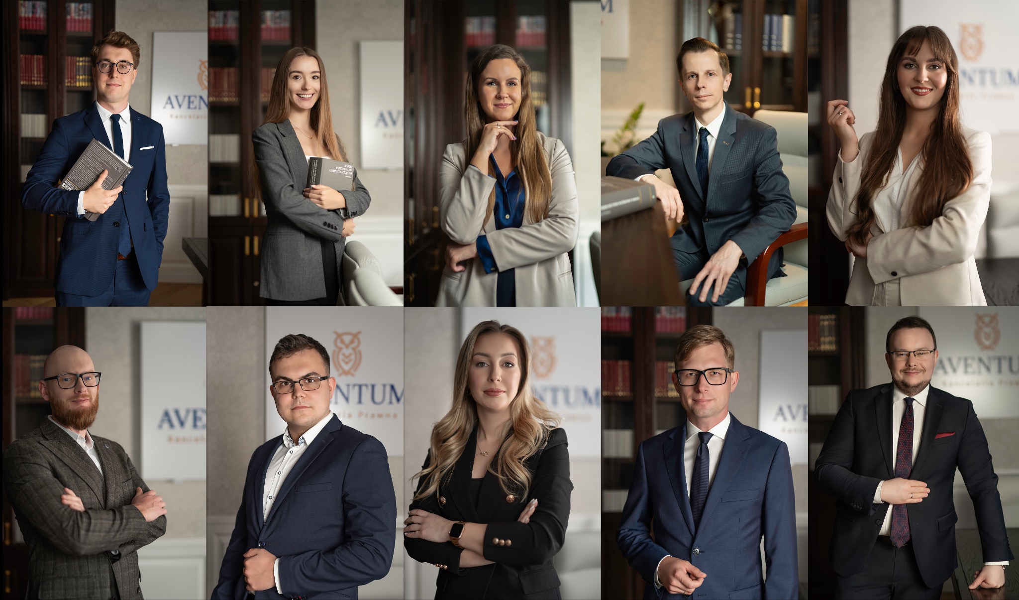 Kolaż portretów biznesowych zespołu prawniczego na tle biblioteki i logo firmy, prezentujący profesjonalizm i zróżnicowanie wizerunku kancelarii.