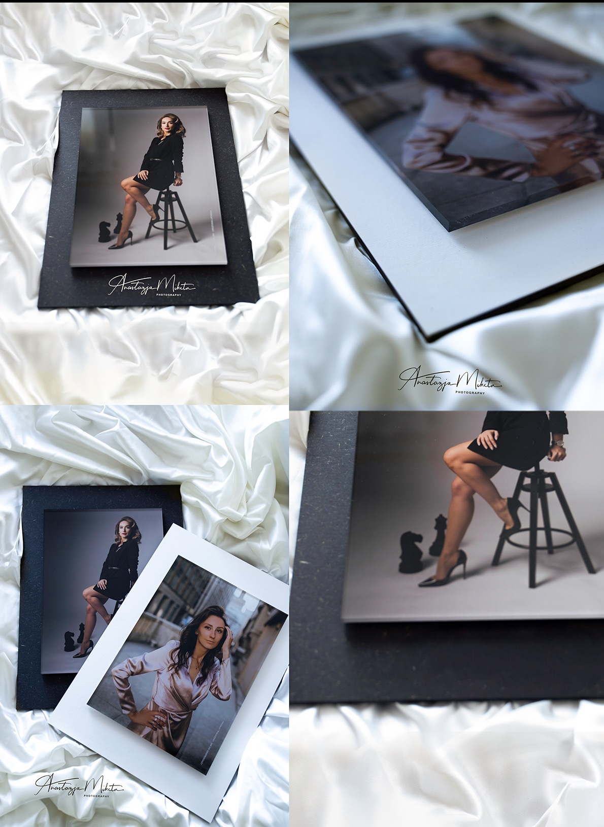 Dwa wydrukowane zdjęcia portretowe na ozdobnych podkładkach, leżące na białej, satynowej tkaninie. Jedno zdjęcie w czarnej, drugie w białej ramce.