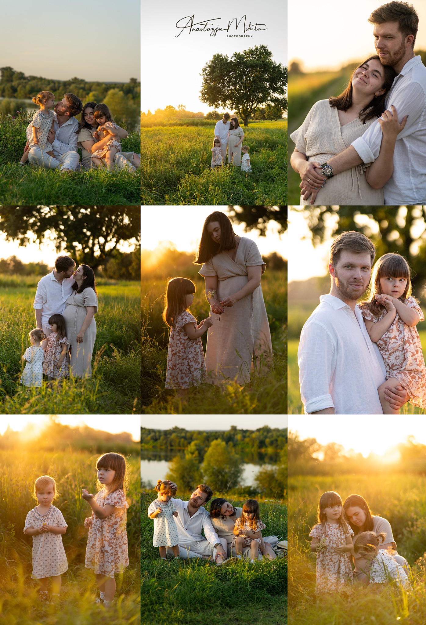 Kolaż z sesji rodzinnej w plenerze o zachodzie słońca. Rodzice z dwiema córkami w zwiewnych ubraniach pozują na łące. Ciepłe, naturalne światło.