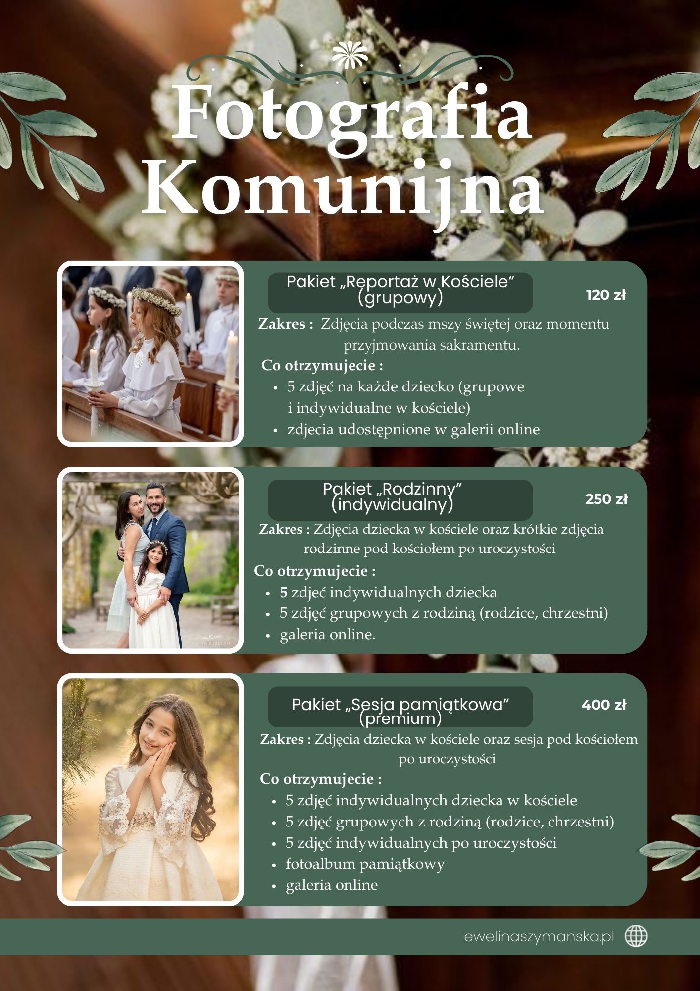Grafika reklamowa z ofertą pakietów fotografii komunijnej: reportaż w kościele, sesja rodzinna i pamiątkowa. Zawiera zdjęcia przykładowe i zakres usług.