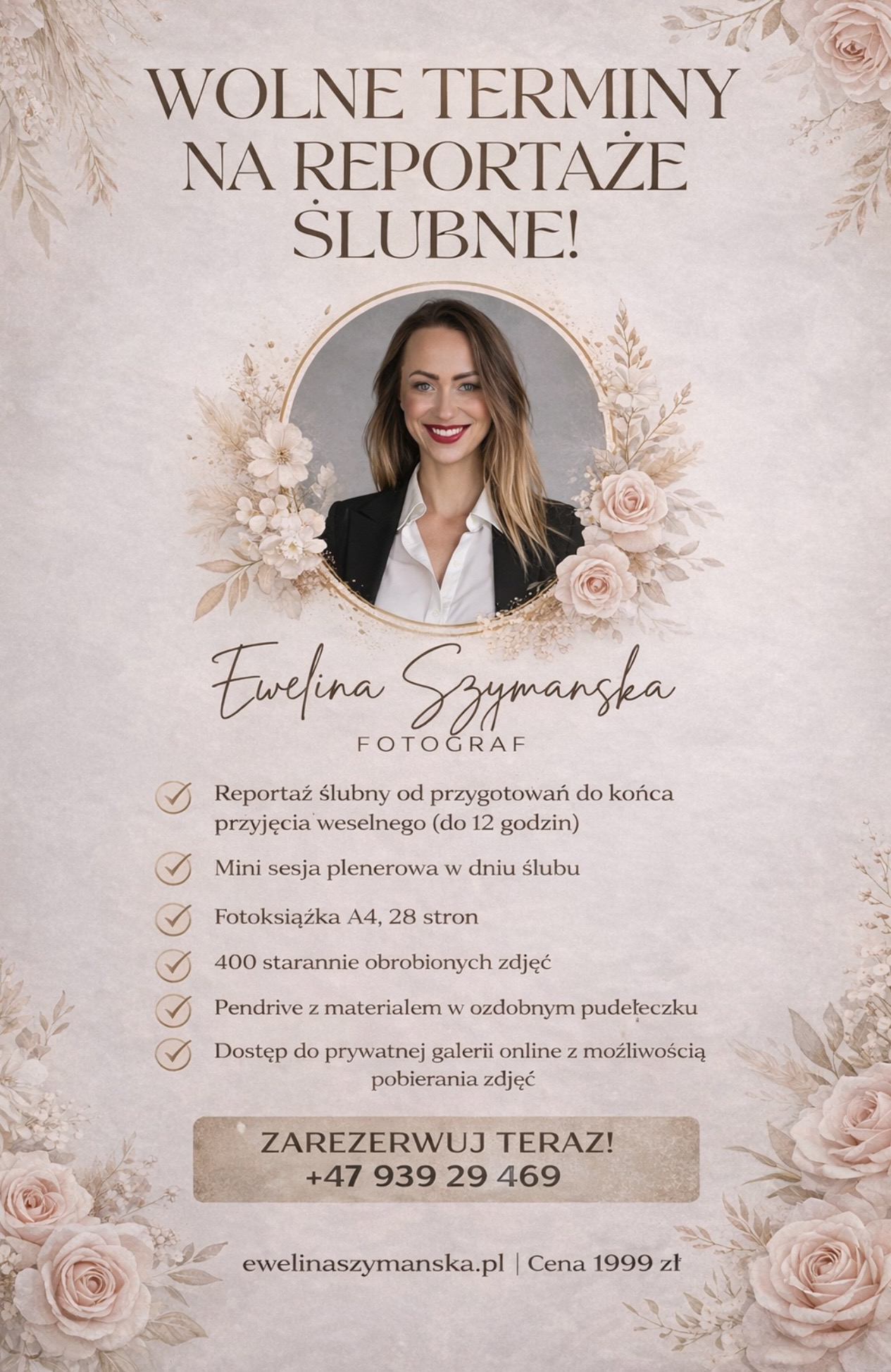 Elegancki baner z ofertą reportażu ślubnego: wolne terminy, zdjęcie uśmiechniętej fotografki Eweliny Szymańskiej, zakres usług i dane kontaktowe. Pastelowa kolorystyka, kwiatowe motywy.