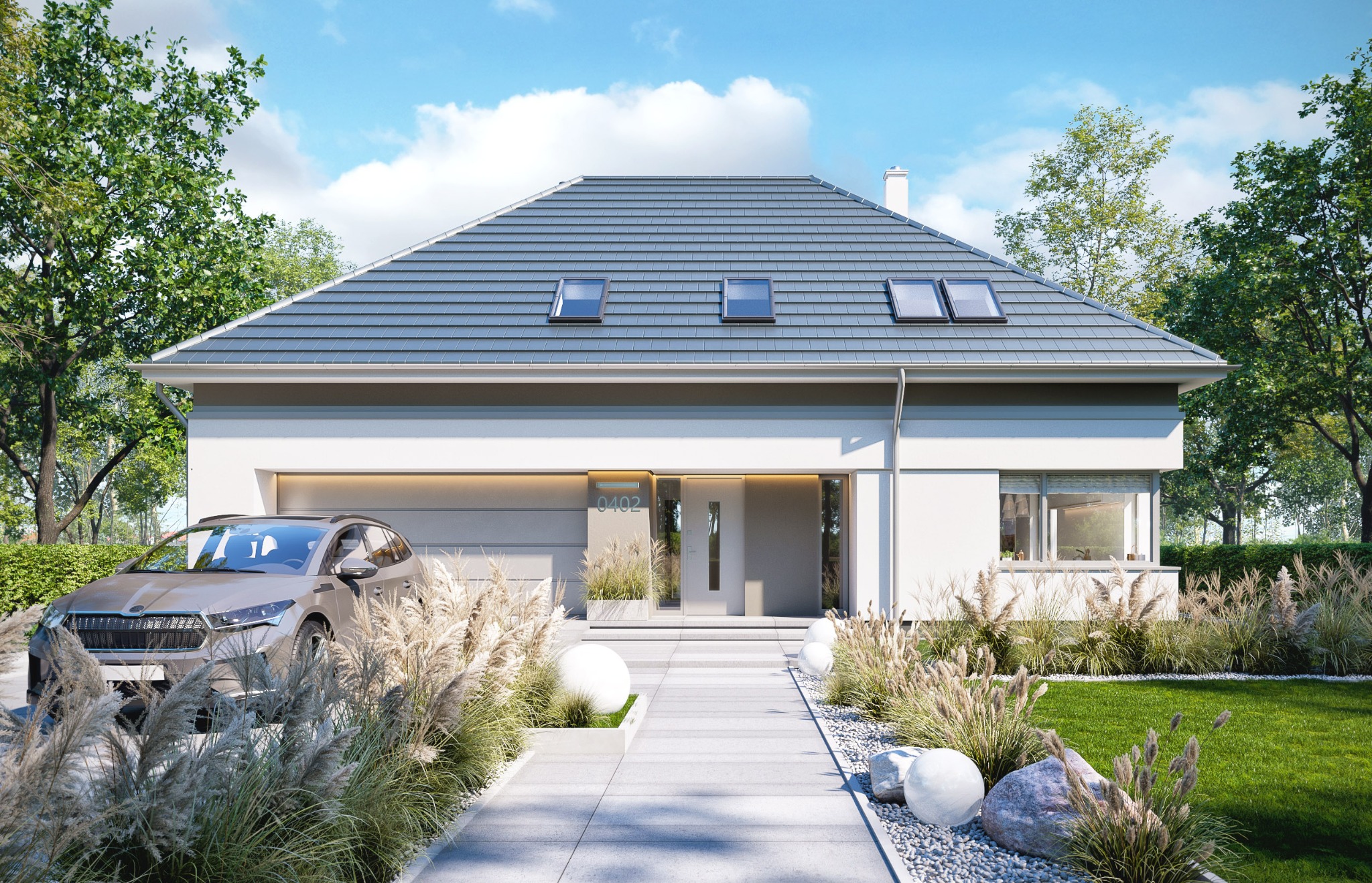 Nowoczesny dom jednorodzinny z szarą dachówką i trzema oknami dachowymi, z podjazdem, samochodem i ozdobnymi trawami. Minimalistyczny design z numerem domu 0402.