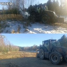 Piotr Adamczyk - Zdjęcie 'przed i po' karczowania terenu z użyciem traktora Valtra. Na górze zarośnięty teren, na dole teren po wycince, przygotowany pod inwestycję.