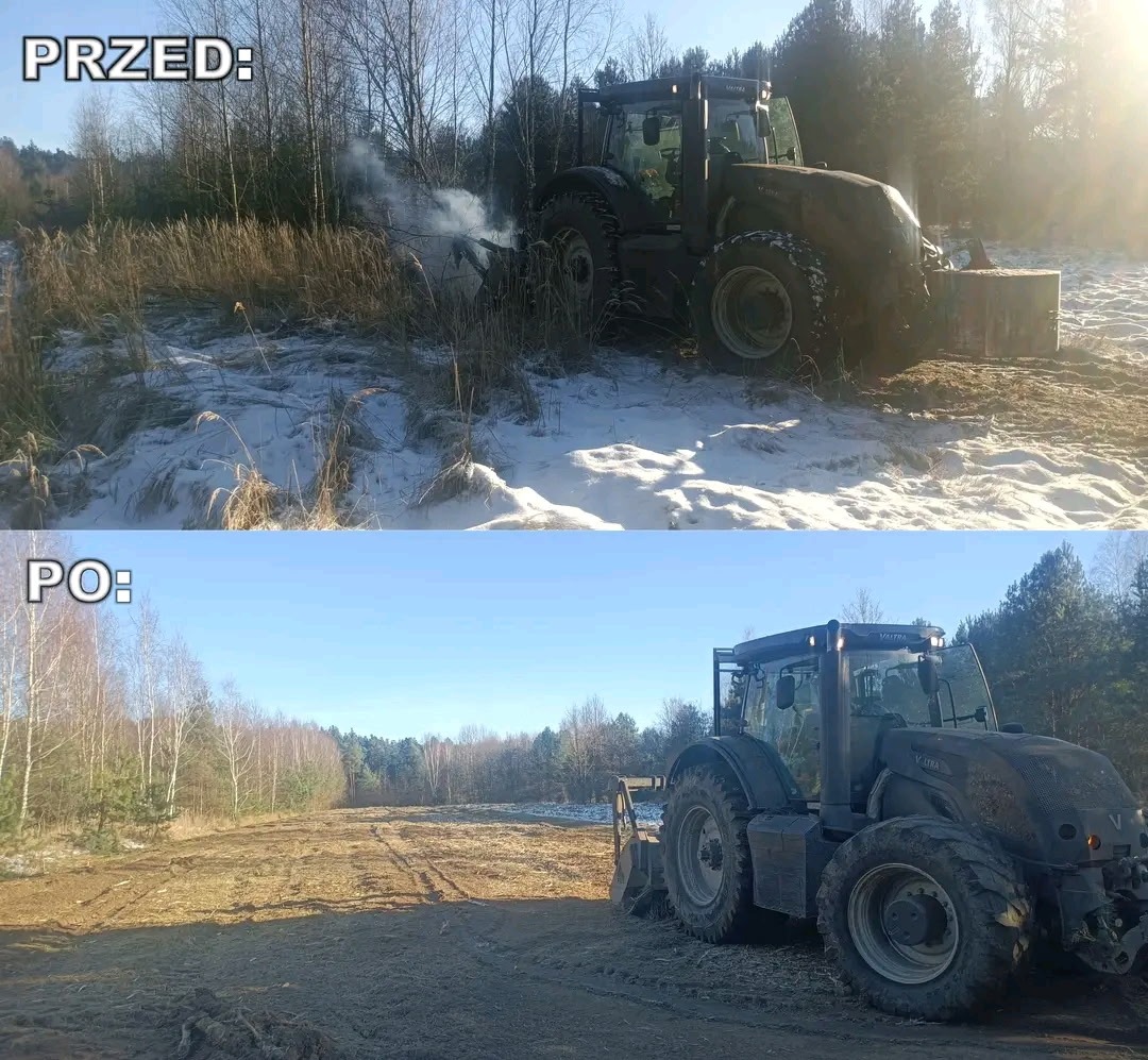 Zdjęcie 'przed i po' karczowania terenu z użyciem traktora Valtra. Na górze zarośnięty teren, na dole teren po wycince, przygotowany pod inwestycję.