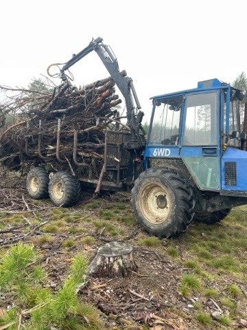 Niebieski traktor 6WD z mechanicznym ramieniem załadowany gałęziami na tle lasu i ściętego pnia drzewa. Praca w lesie po wycince.