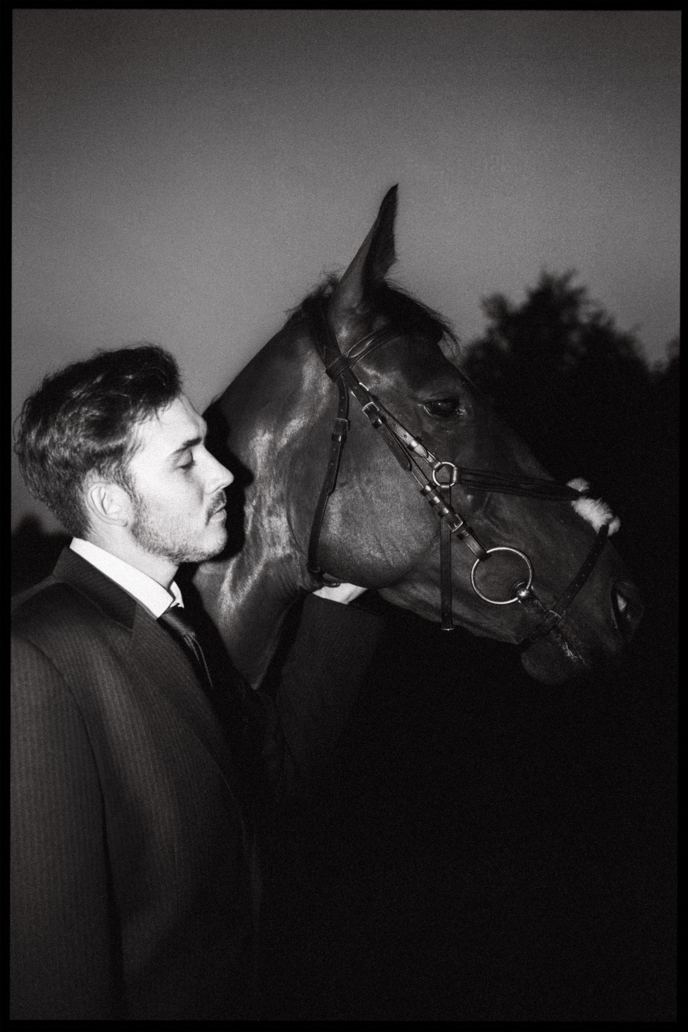 Czarno-białe zdjęcie profilowe mężczyzny w garniturze, delikatnie dotykającego głowy konia. Romantyczna sesja w plenerze, subtelne oświetlenie.