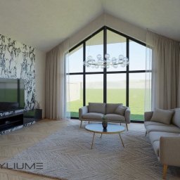 Epistylium - Jasne wnętrze salonu z marmurową ścianą, dużym oknem i nowoczesnym oświetleniem. Dwie sofy i stolik kawowy na wzorzystym dywanie. Minimalistyczny design.