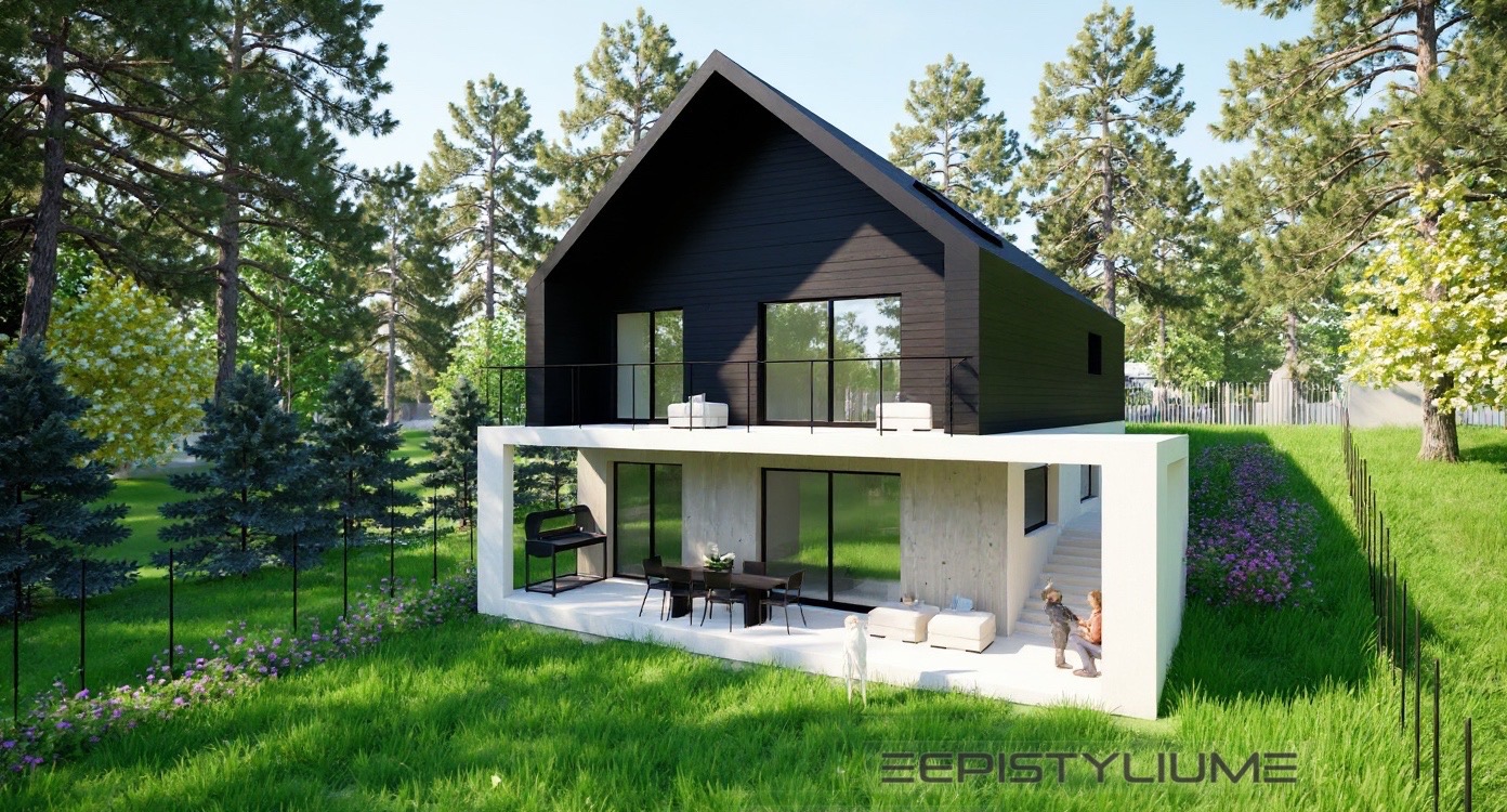 Wizualizacja nowoczesnego domu z czarną, dwuspadową bryłą i białym, betonowym parterem, otoczonego zielenią. Widoczne meble ogrodowe i postacie ludzi.