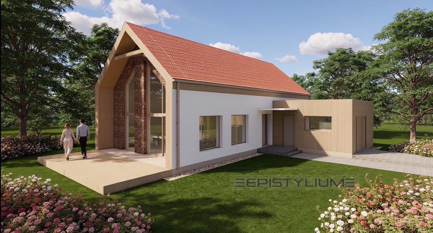 Wizualizacja domu jednorodzinnego z ceglanym szczytem i dużymi oknami, otoczonego zielenią. Para spaceruje po drewnianym tarasie. Projekt z logo Epistylium.