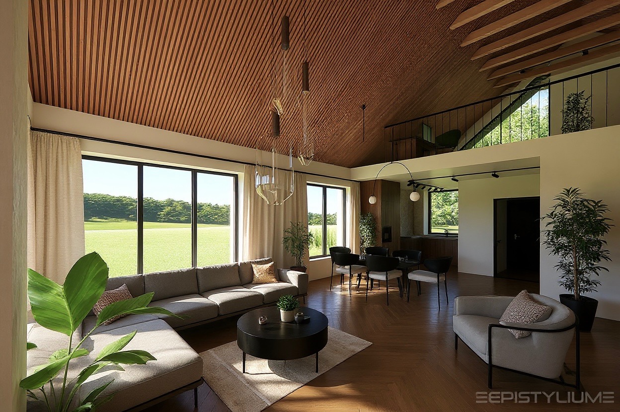 Wnętrze domu z drewnianym stropem i dużymi oknami z widokiem na zieleń. Nowoczesny salon z sofą, stolikiem kawowym i jadalnią. Minimalistyczny design z roślinami doniczkowymi.