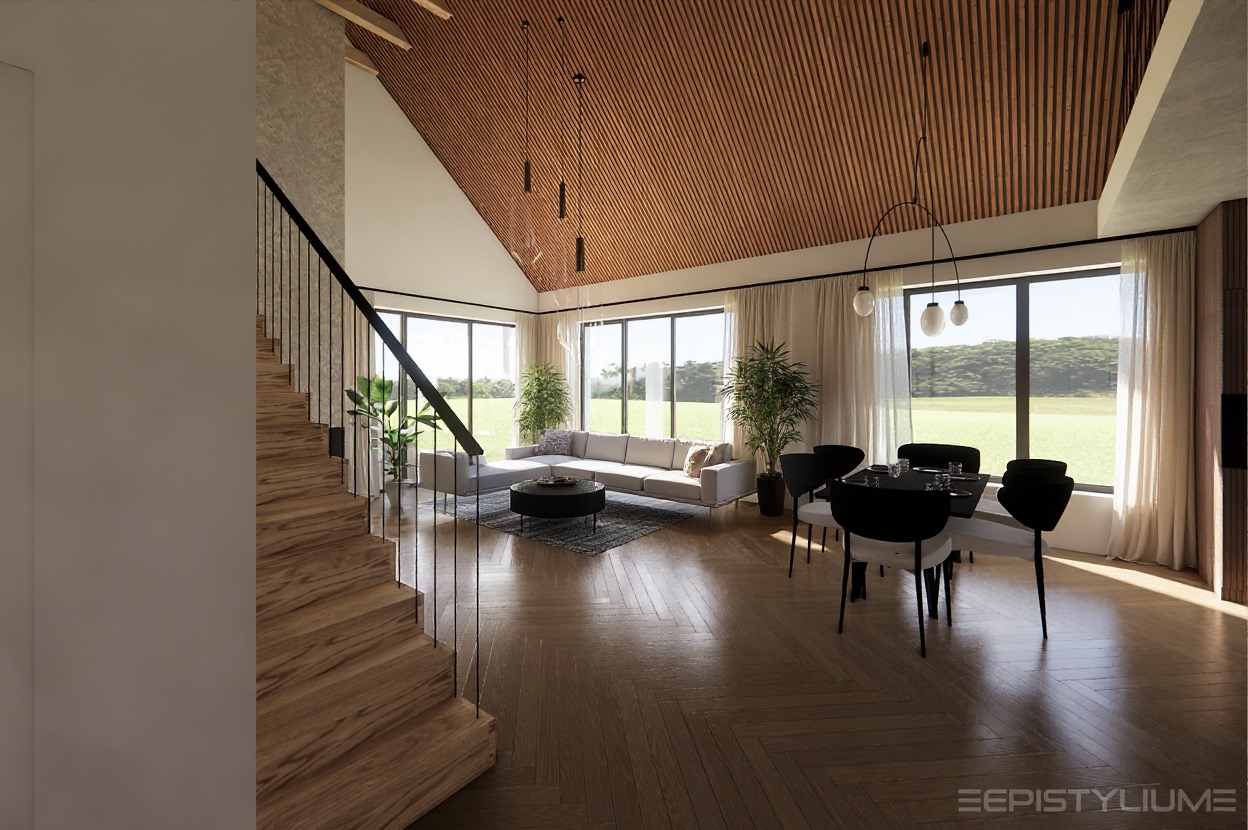 Wnętrze domu z drewnianym sufitem lamelowym, schodami i dużymi oknami z widokiem na zieleń. Nowoczesny salon z sofą, stolikiem kawowym i jadalnią. Projekt z dbałością o detale.