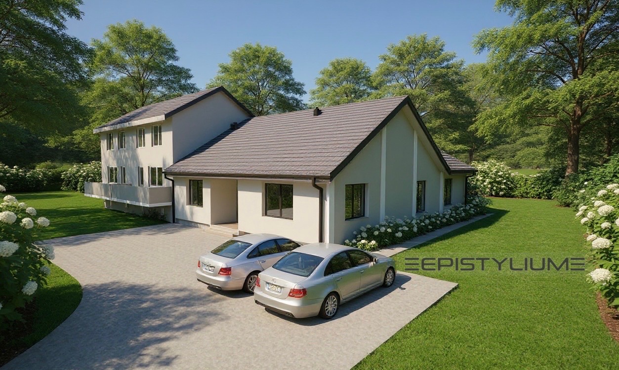 Wizualizacja domu jednorodzinnego z dwoma srebrnymi samochodami na podjeździe. Jasna elewacja, szary dach, zadbany trawnik i kwitnące krzewy. Projekt architektoniczny.