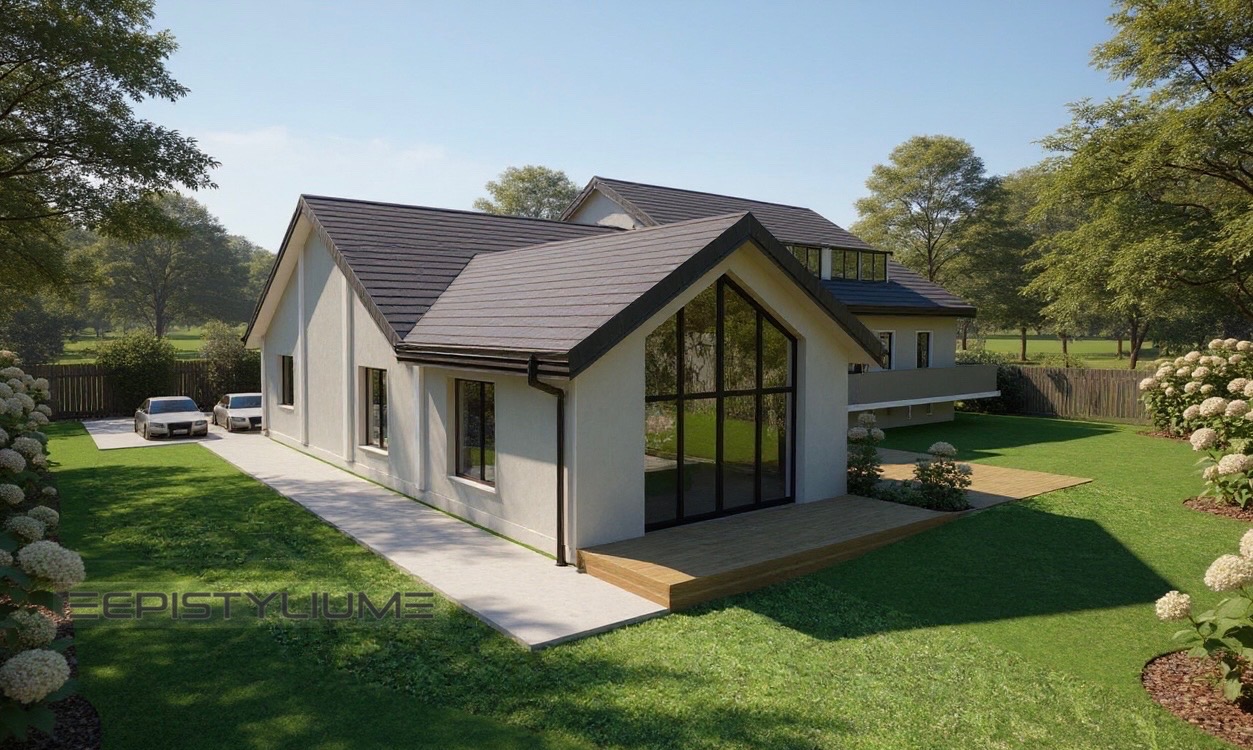 Wizualizacja domu jednorodzinnego z dużymi oknami, dwuspadowym dachem i dwoma samochodami na podjeździe, otoczonego zielonym trawnikiem i drzewami.