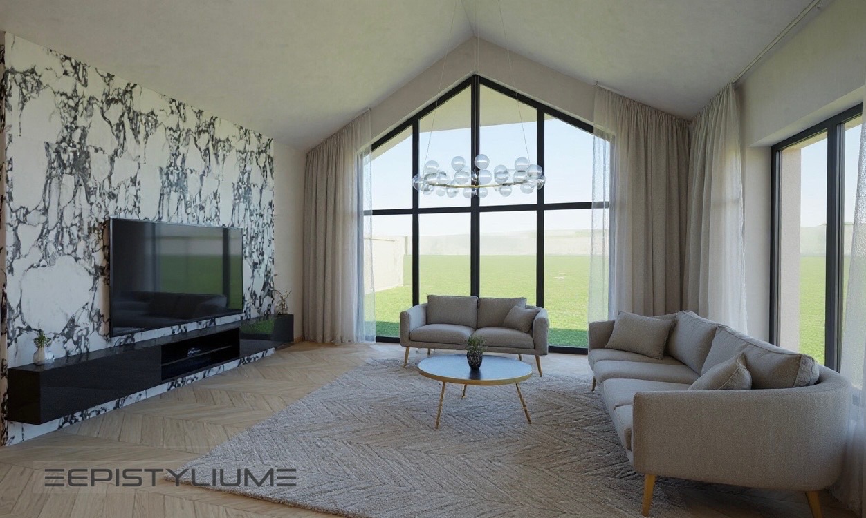 Jasne wnętrze salonu z marmurową ścianą, dużym oknem i nowoczesnym oświetleniem. Dwie sofy i stolik kawowy na wzorzystym dywanie. Minimalistyczny design.