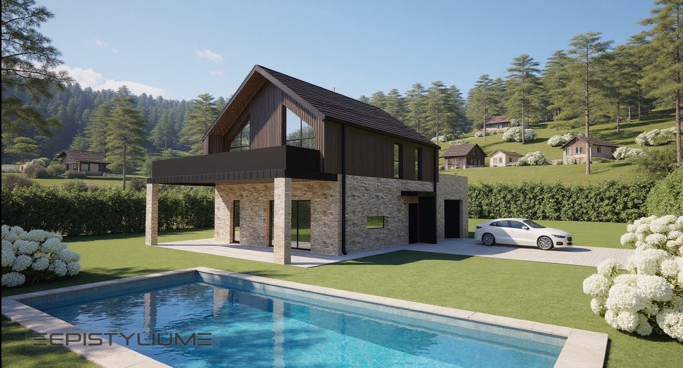 Wizualizacja domu z basenem w nowoczesnym stylu. Dwukondygnacyjny budynek z elementami drewna i kamienia, biały samochód na podjeździe, zielony trawnik i drzewa w tle.